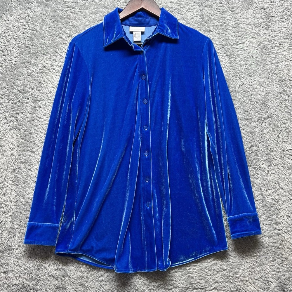 Soft Surroundings Top XS Blue Velvet Button Up Tunic Velour Coastal Relaxed